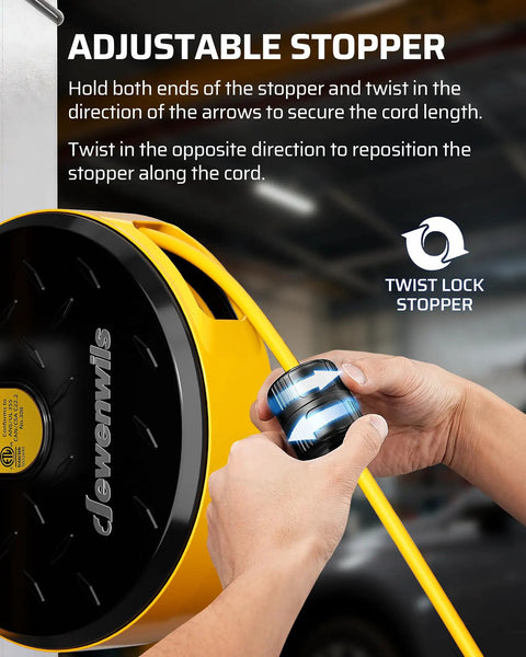 Retractable Extension Cord Reel With Ceiling And Wall Mount 30 Feet Of 14 Gauge Power Cord Auto Retracting System Locking Stopper Tangle Free Design DIY Friendly Cable Management For Workshop Garage And Home Projects, twist lock stopper close-up
