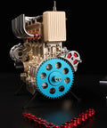 Premium Metal Inline Four Cylinder Engine Model Kit That Runs Sick And Tight Motorized Assembly, showing blue gear and gold finish.