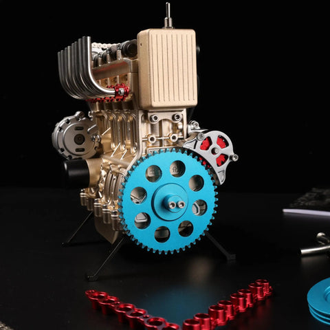 Premium Metal Inline Four Cylinder Engine Model Kit That Runs Sick And Tight Motorized Assembly, showing blue gear and gold finish.