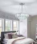 Modern Crystal Chandelier With LED Light Fixture That Elevates Your Living Room Bedroom And Dining For Real Chrome and White Finish 15.7 Inch Diameter Easy Install Dimmable Glow hanging in bedroom