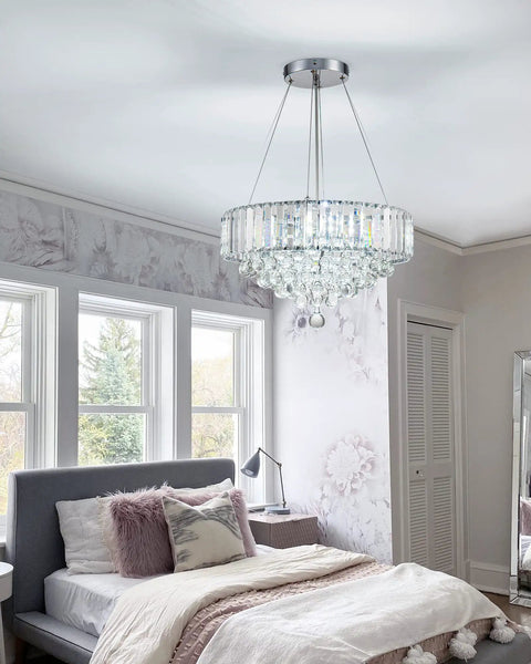 Modern Crystal Chandelier With LED Light Fixture That Elevates Your Living Room Bedroom And Dining For Real Chrome and White Finish 15.7 Inch Diameter Easy Install Dimmable Glow hanging in bedroom