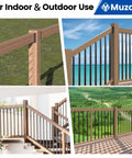 All In One Deck Railing Brackets Kit For 2x4 Wood Posts 1.5 In By 3.5 In Rails Includes 20 Brackets And 124 Screws Handrail Fence Cable Railing Stairs WT11, shown installed on outdoor and indoor staircases with wooden and metal railings.