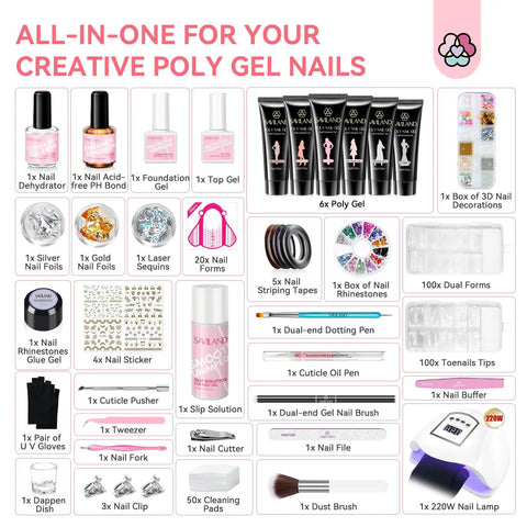 Hema Free Poly Gel Nail Kit With 6 Colors All In One Gel System Includes 220W UV LED Lamp Slip Solution Dual Forms Nail Brush File