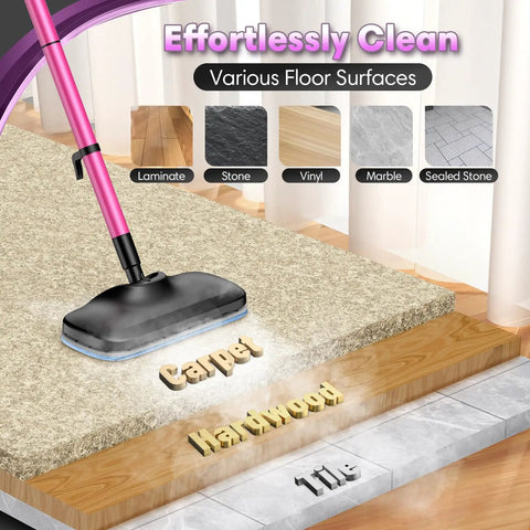 Heavy Duty Steam Mop Cleaner With Self Standing Base And Swivel Head High Temp Handheld Steamer For No Sweat Cleaning on various floor surfaces.