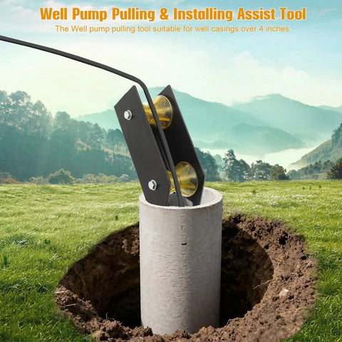 Slick Hand Crank Water Well Pump Puller And Cable Rollers For Hassle Free Deep Well Swap No Sweat Installation Works Perfectly With 4 Inch Plus Casing, metal guide rollers positioned above a well casing.