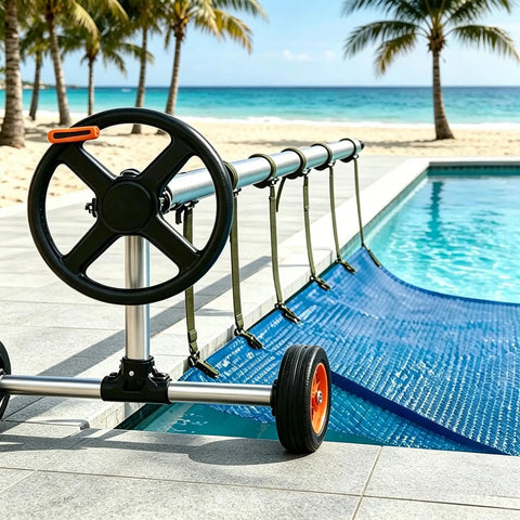 Rock Solid Eight Piece Pool Cover Reel Mounting Kit With Heavy Duty Army Green Straps And Slick Clips For Solar Covers, mounted beside pool.