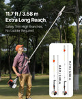 Man using gas pole saw with 43cc two-stroke engine, 10 inch bar, 11.7 ft reach, ideal for tree trimming and pruning at home or job site.