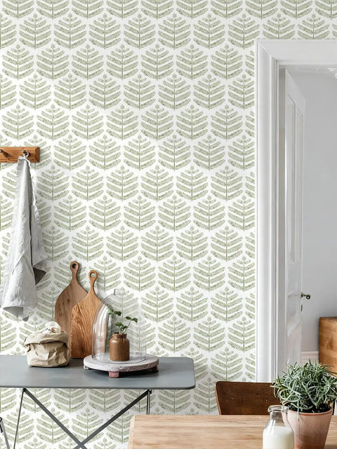 Easy Peel And Stick Green Leaf Wallpaper For Walls Boho Floral Decal Removable Vinyl Wall Covering With Zero Residue Backing on a wall.
