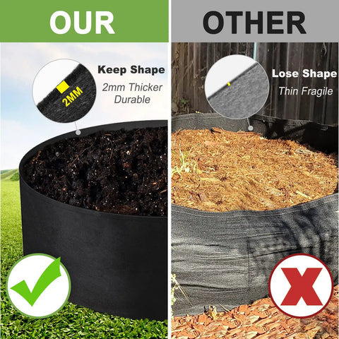 Comparison of 15 Gallon Heavy Duty Felt Fabric Grow Bag Planter For Backyard Indoor Outdoor Gardens, left: durable, right: fragile.