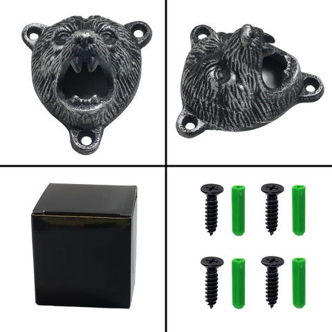 Keep Your Cold Ones Rolling Smooth With This Heavy Duty Cast Iron Vintage Beer Bottle Opener Wall Mount Featuring Sculpted Grizzly Bear Head And Gripping Teeth Lever For Man Cave Bar Setup, showing black bear head opener.
