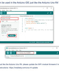 Arduino IDE interface showing setup for Arduino Uno R4 WiFi board installation and update instructions for STEM V4 IoT Starter Kit.