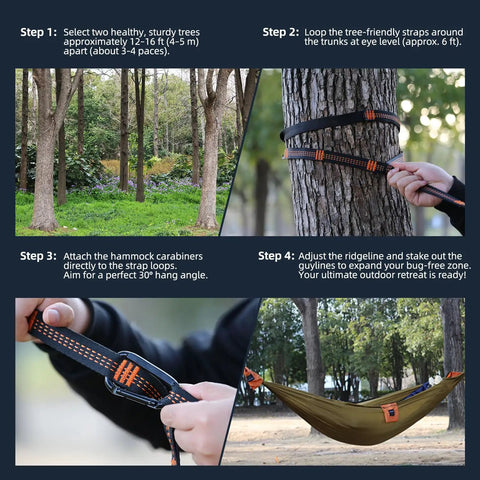 Ultralight Camping Hammock With Integrated Mosquito Net And Tree Straps Quick Setup Backpacking Hammock with setup steps in forest