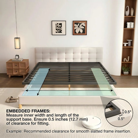 Heavy Duty Queen Size Box Spring With Low Profile Metal Frame And Thickened Steel Support Pillars For Wobble Free Mattress Foundation showing slats and measurement clearance.