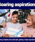 Joyful holiday gift exchange with Mustang P-51 Fighter Model Kit 1 To 48 Scale For World War II Fans in background.