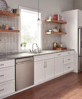 Modern kitchen view with Two Handle Kitchen Sink Faucet With Side Sprayer Chrome Finish For 8 Inch 4 Hole Install 360 Degree Swivel.