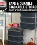 Heavy Duty 10 Gallon Storage Totes With Lids 6 Pack on a shelf, showcasing stackable plastic bins for garage attic and camping.