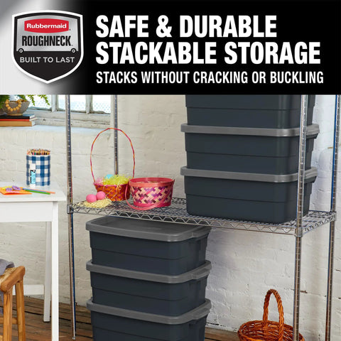 Heavy Duty 10 Gallon Storage Totes With Lids 6 Pack on a shelf, showcasing stackable plastic bins for garage attic and camping.