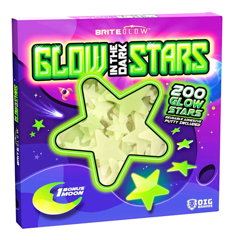 Packaging of 200 Pcs Glow In The Dark Stars With Moon 3D Wall Stickers Set For Kids Room Decor And Night Light Ceiling Space Theme Lit Night Sky Decals With Adhesive Putty Non Toxic Plastic