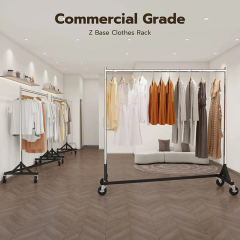 Heavy Duty Rolling Garment Rack With 500LBS Capacity Adjustable Chrome Clothes Rack On Wheels in a retail boutique setting
