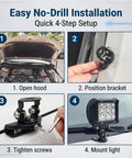 4-step installation of Heavy Duty LED Light Bar Mounting Bracket For Off Road Trucks And SUVs with no-drill method.