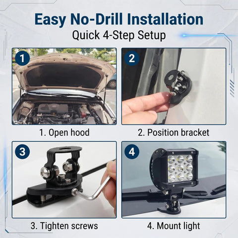 4-step installation of Heavy Duty LED Light Bar Mounting Bracket For Off Road Trucks And SUVs with no-drill method.