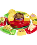Ultimate Taco Night Heated Lazy Susan Party Serving Set with tortilla holders, fondue pot, and toppings trays in red.