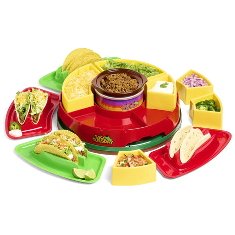 Ultimate Taco Night Heated Lazy Susan Party Serving Set with tortilla holders, fondue pot, and toppings trays in red.