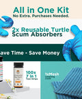 Hot Tub Scum Absorber Turtle 2 Pack Floating Spa Sponge Scoop, reusable pads, mesh cloth, and water test kit for clear spa water.
