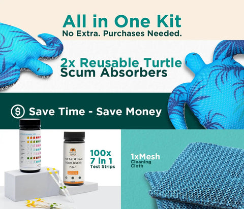 Hot Tub Scum Absorber Turtle 2 Pack Floating Spa Sponge Scoop, reusable pads, mesh cloth, and water test kit for clear spa water.