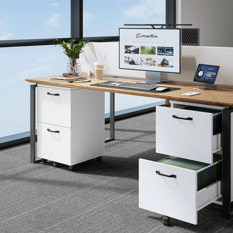 Two Drawer Filing Cabinet In White With Rolling Wood Design, printer stand, and under desk storage, open drawers, lockable wheels