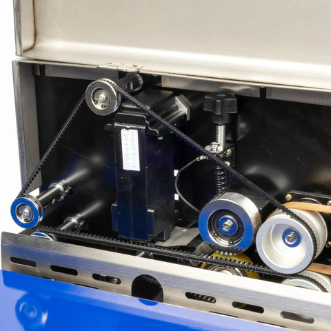 Close-up of the Heavy Duty Continuous Band Sealer With Built In Inkjet Printer Automatic Horizontal Bag Sealer for PVC and Mylar Packaging.