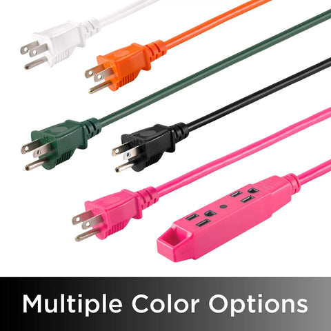 Multiple color extension cords, showing Heavy Duty 15 Foot Extension Cord With Three Outlets, hot pink variant highlighted