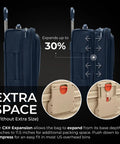 Side view of 21 Inch Expandable Carry On Luggage With Wheels Softside 2 Wheel Roller Travel Bag for Men and Women in navy with expansion feature.