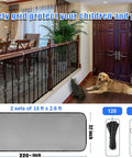 Stair Banister Guard Netting Kit For Kids And Pets 2 Pack 18 Ft By 2.6 Ft Mesh Safety Net shown on indoor railing with dog and cat