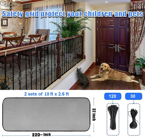 Stair Banister Guard Netting Kit For Kids And Pets 2 Pack 18 Ft By 2.6 Ft Mesh Safety Net shown on indoor railing with dog and cat