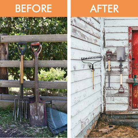 Beefy Heavy Duty Metal Broom Holder Wall Mount 12 Pack S Hooks For Mop Shovel Rake Garden Shed Garage Organization Black Non Slip Coated Steel Durable Tool Hangers Keeps Floors Clear And All Your Handles Ready To Grab, shown in before and after tool organization comparison.