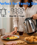 Person using Stainless Steel Electric Kettle 1.8 Liter Fast Boil Tea And Coffee Kettle With Auto Shut Off Boil Dry Protection LED Light