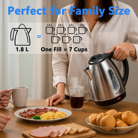 Person using Stainless Steel Electric Kettle 1.8 Liter Fast Boil Tea And Coffee Kettle With Auto Shut Off Boil Dry Protection LED Light