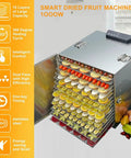 Big Batch Commercial Grade Electric Digital Food Dehydrator With Heavy Duty Trays For Fresh Fruits Veggies And Homemade Pet Jerky 1000 Watt 110 Volt Powerhouse Machine with 15 trays full of drying fruits.