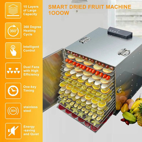 Big Batch Commercial Grade Electric Digital Food Dehydrator With Heavy Duty Trays For Fresh Fruits Veggies And Homemade Pet Jerky 1000 Watt 110 Volt Powerhouse Machine with 15 trays full of drying fruits.