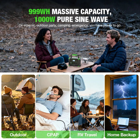 1000W Portable Power Station 999Wh Solar Generator With 200W Solar Panels used in various outdoor and emergency situations.