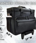 Rolling Teacher Tote Bag with Wheels and Laptop Compartment for School Office and Travel, side view showing pockets and dimensions.