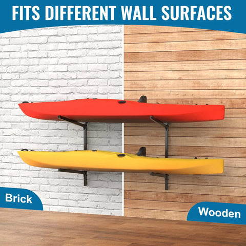 Heavy Duty Kayak Storage Rack Wall Mount For Garage Paddling Boats Hella Secure Dual Tier Adjustable hanging rack with red and yellow kayaks on brick and wooden surfaces.