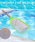 Semi-deep mesh net from Deluxe Pool Cleaning Kit With Spa Jet Vacuum And Thirteen Point Five Inch Brush Semi Deep Skimmer Net And Fifty Seven Point Five Inch Adjustable Pole For Above Ground And Inflatable Pools No Fuss Quick Debris Cleanup gathering debris from pool.