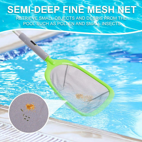 Semi-deep mesh net from Deluxe Pool Cleaning Kit With Spa Jet Vacuum And Thirteen Point Five Inch Brush Semi Deep Skimmer Net And Fifty Seven Point Five Inch Adjustable Pole For Above Ground And Inflatable Pools No Fuss Quick Debris Cleanup gathering debris from pool.