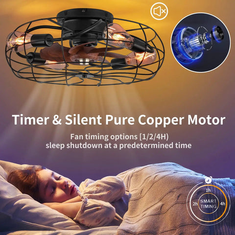 Sleeping person under Twenty One Inch Low Profile Caged Ceiling Fan With Lights Remote Control Included Four Light Bulbs Dope Black Finish Flush Mount Fixture For Kitchen And Bedroom Industrial Style