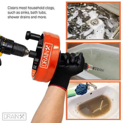 25-Foot Steel Drum Auger Plumbing Snake With Drill Attachment in action unclogging shower and sink drains with accessories