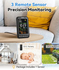 Wireless Indoor Outdoor Thermometer Weather Station With Remote Sensor Vertical Color Display Temperature Humidity Monitor 12 Hour Forecast Atomic Clock Adapter Powered Black No App Needed on table showing color display, with remote sensor images.