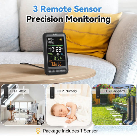 Wireless Indoor Outdoor Thermometer Weather Station With Remote Sensor Vertical Color Display Temperature Humidity Monitor 12 Hour Forecast Atomic Clock Adapter Powered Black No App Needed on table showing color display, with remote sensor images.