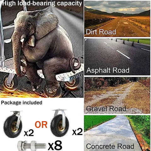 Heavy Duty Inflatable Pneumatic Swivel Casters Featuring Quiet Dual Bearings And Smooth Rolling Tires on various road textures.